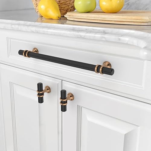 Miniatura 2 de Asidrama Paquete de 6 manijas de gabinete de cocina de 10 pulgadas moleteadas negro mate y bronce champán, tiradores de gabinete, accesorios de