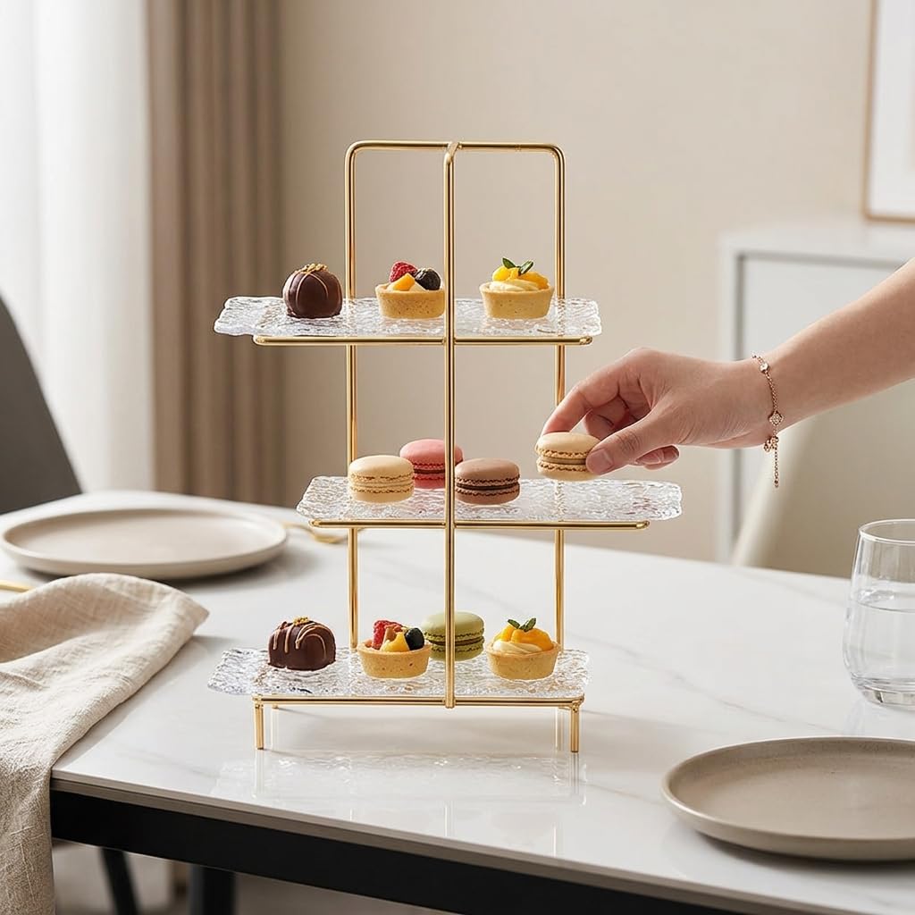 Alzatina per Dolci in Vetro e Ferro Dorato, Alzate per Buffet 4 Livelli, Espositore da Tavola per Dessert e Frutta, Vassoio da Portata Elegante , Lusso leggero, retrò, tre strati