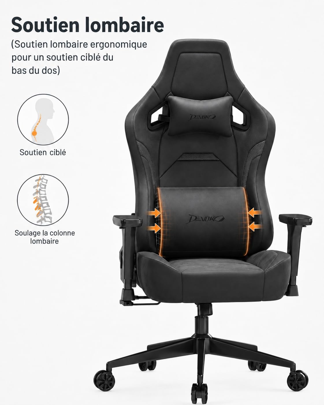 Devoko Suédine Chaise Gaming Confortable, Chaise Bureau Ergonomique avec Accoudoirs 3D, Fauteuil Gaming Inclinable 90°-135° for Gamer, Office, Charge Maximale 200Kg,Noir