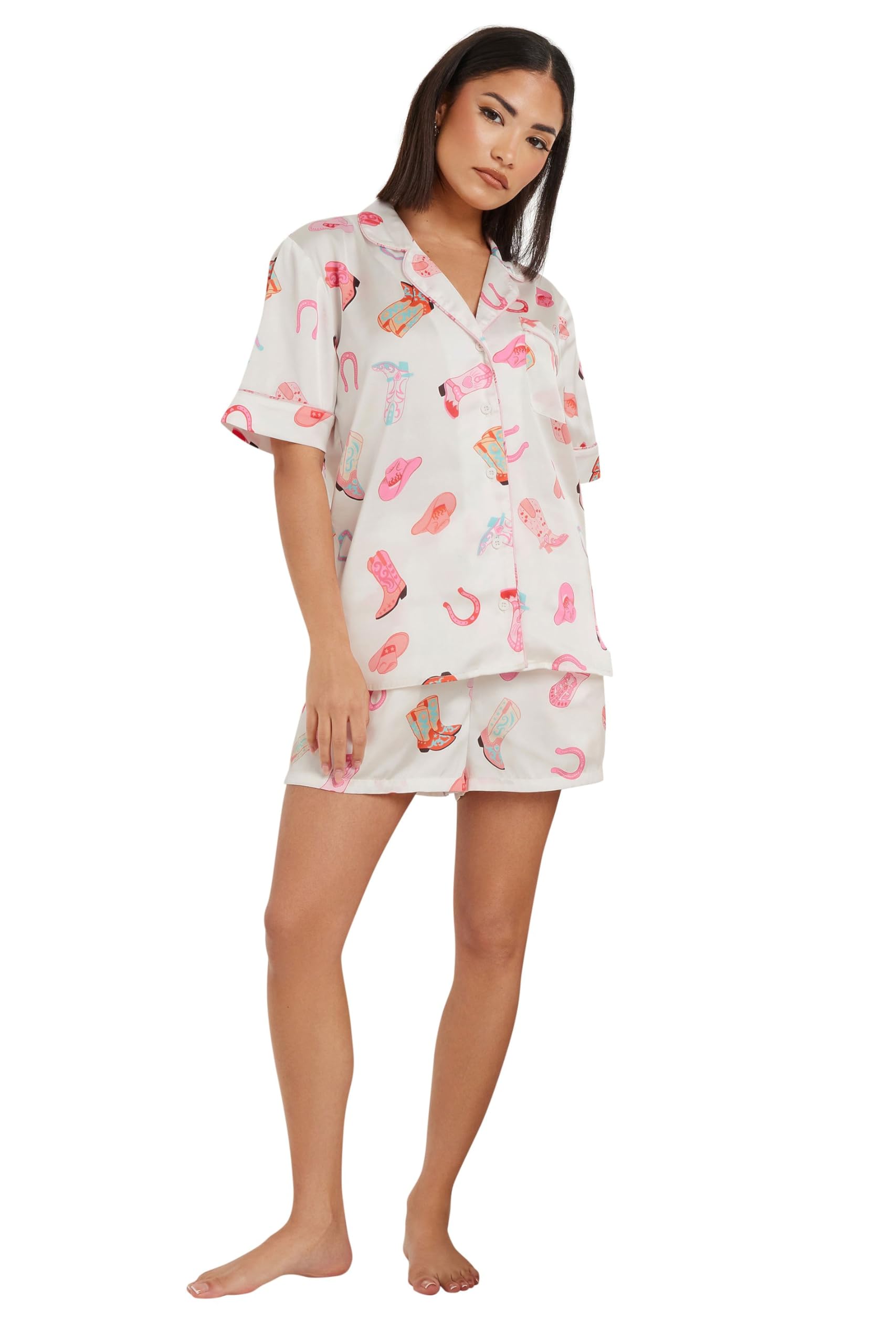 Pixiegirl Women's White Petite Satin Cowboy Graphic Short Pyjama Set Petite