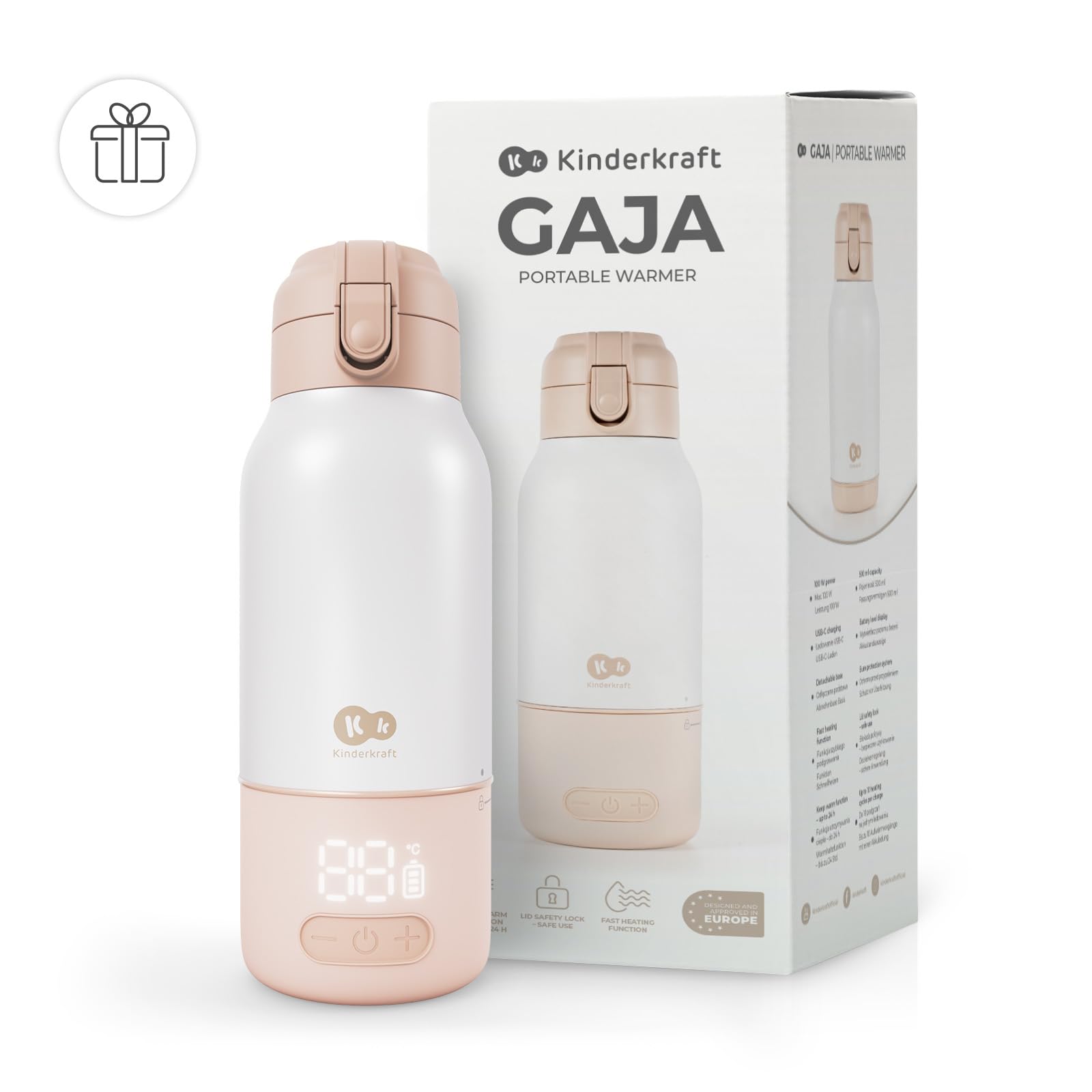 Kinderkraft GAJA Chauffe-Biberon Portable 2 en 1 avec Bouteille Isotherme 500 ml, 5 Températures, Chauffe en 120 sec, Batterie Amovible, USB-C, 10 Cycles, Beige