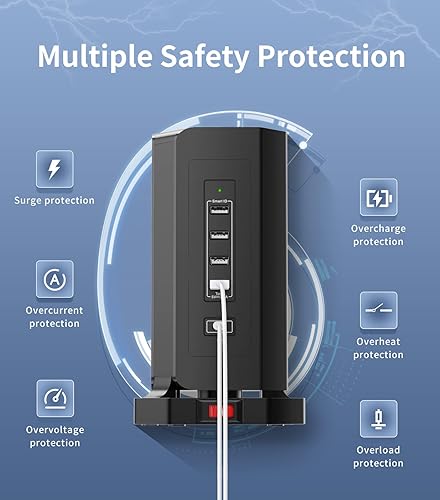 Miniatura 4 de Regleta de alimentación con protección contra sobretensiones, 9 salidas múltiples, 4 puertos de carga USB, tira extensora de salida triangular de 3