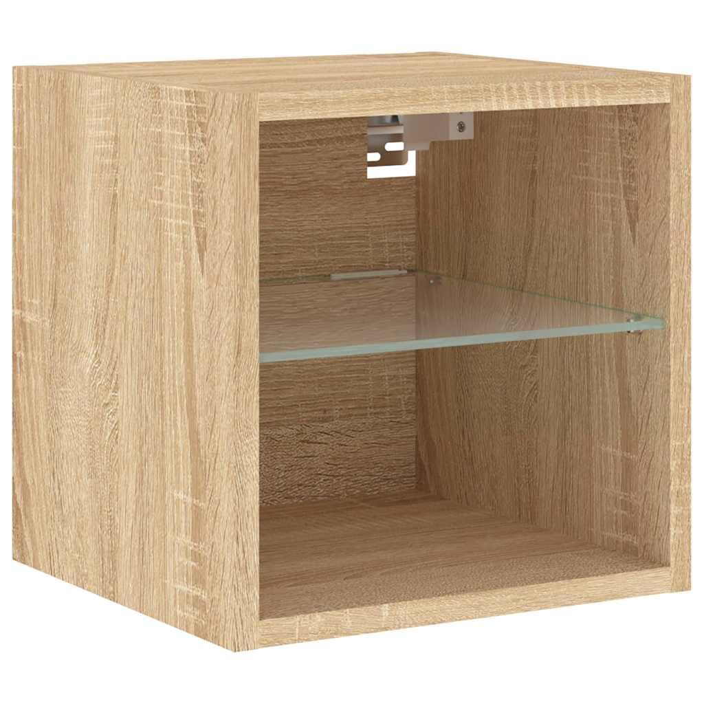 8-TLG. Wohnwand Sonoma Roble Holzwerkstoff, Wandmontage RGB-LED-Beleuchtung Stauraum für Wohnzimmer, Medien & Bücher 30x28,5x30cm, Feuchtigkeitsbeständig