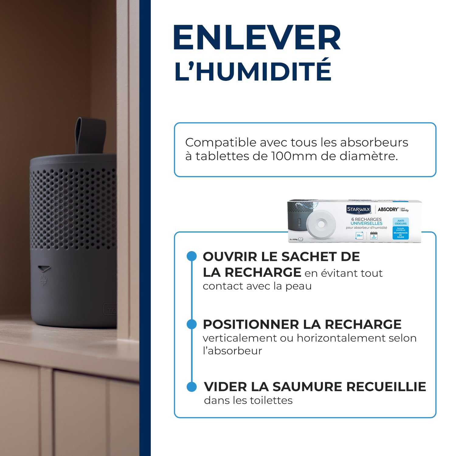 STARWAX Pack de tablettes Absodry 500g lot de 6 | Recharge universelle pour absorbeurs d'humidité de toutes marques, bicarbonate anti-odeur, jusqu'à 25m², 18 mois d'autonomie
