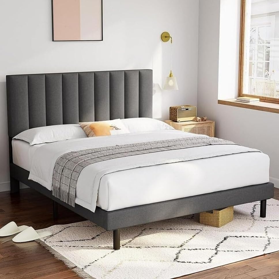 Image of Wooden Modern Upholstered King Size Bed for Bedroom | Wooden Double Bed Without Storage | Platform Cot Upholstered Bed with Upholstery Fabric | Engineered Wood | 6.5 x 6 Ft | Dark Grey