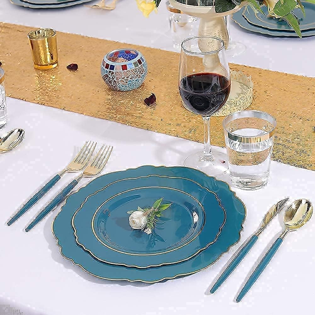 Nervure 100PCS Blue Plastic Plates With Gold Rim&Gold Disposable Silverware with Blue Handle Purple Plastic Plates 100 Packed&Gold Plastic Silverware with Purple Handle