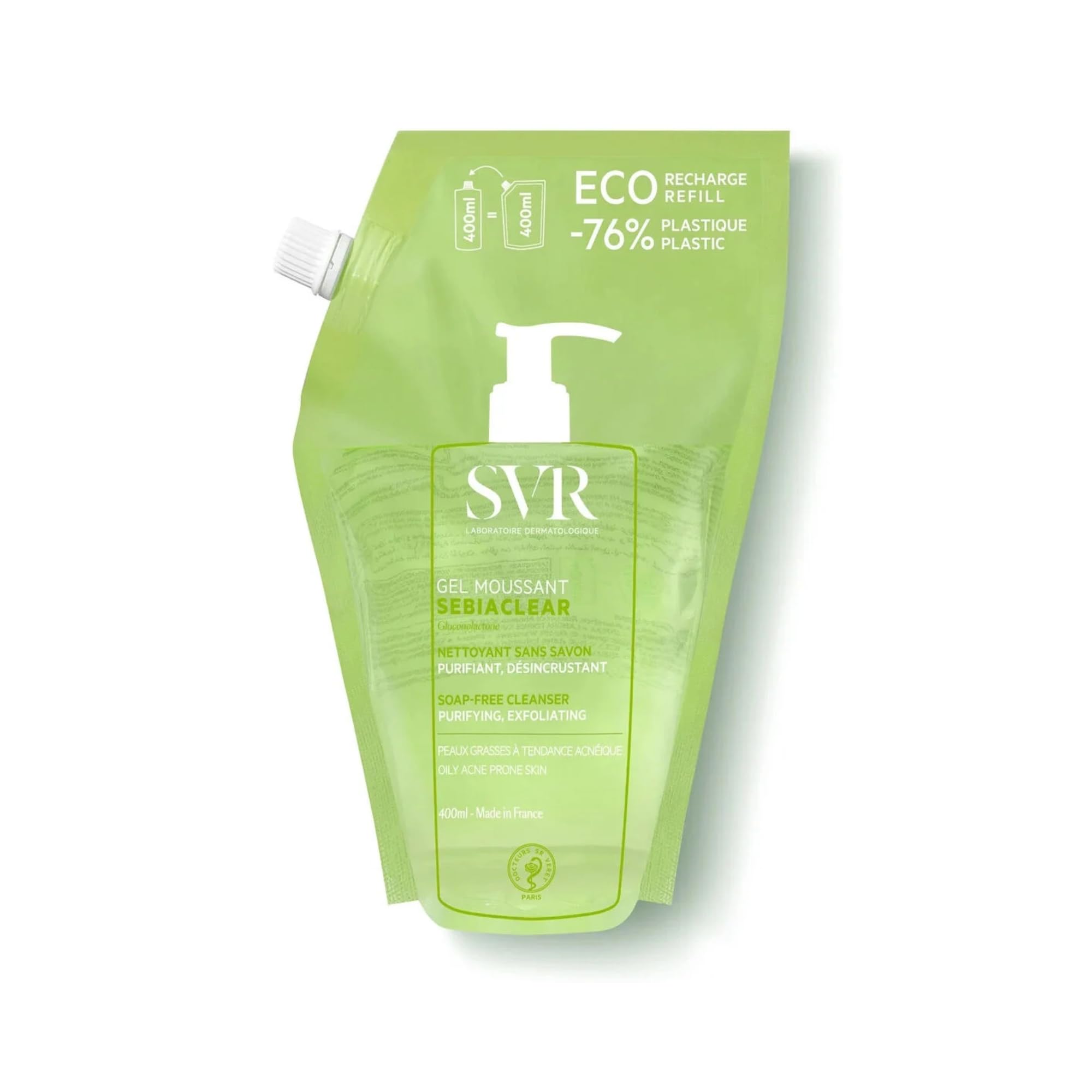 Sebiaclear Gel Moussant Recharge – Nettoyant Visage & Corps Peaux Mixtes à Grasses – Désincruste les Pores, Purifie, Matifie – Sans Savon – Peaux Sensibles à Tendance Acnéique – Lot de 2x400ml