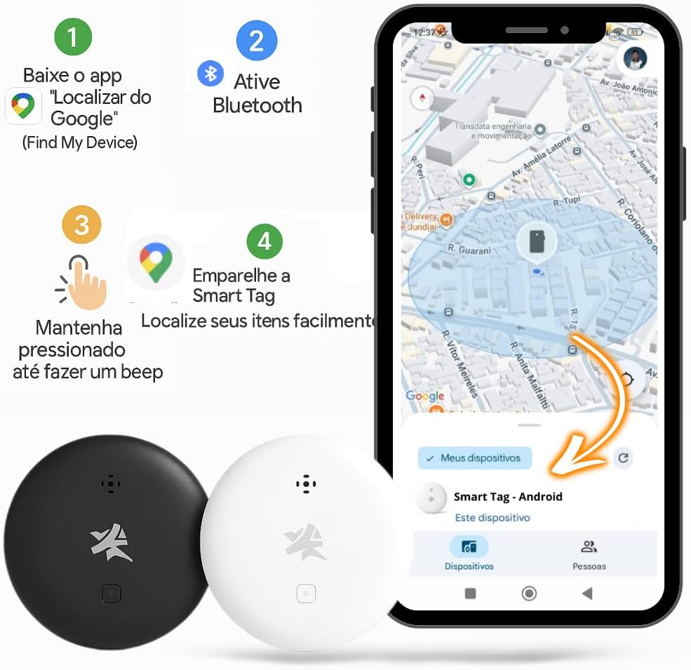 Rastreador Localizador Android SmartTag com Alarme de Sonoro Apenas Android Bateria 230maH Localizar Pets e Crianças Mala Mochila (Branco)