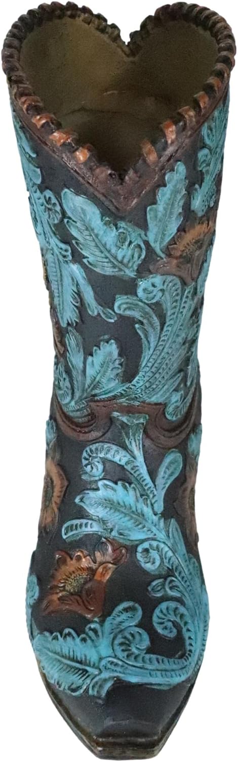 Ebros Rustic Southwestern Turquoise Floral Scroll Lace Damask Patterns Cowboy Cowgirl On Horse Boot Decorative Figurine Or Floral Vase Planter Tooled Leather Finish Table Shelf Countertop Accent