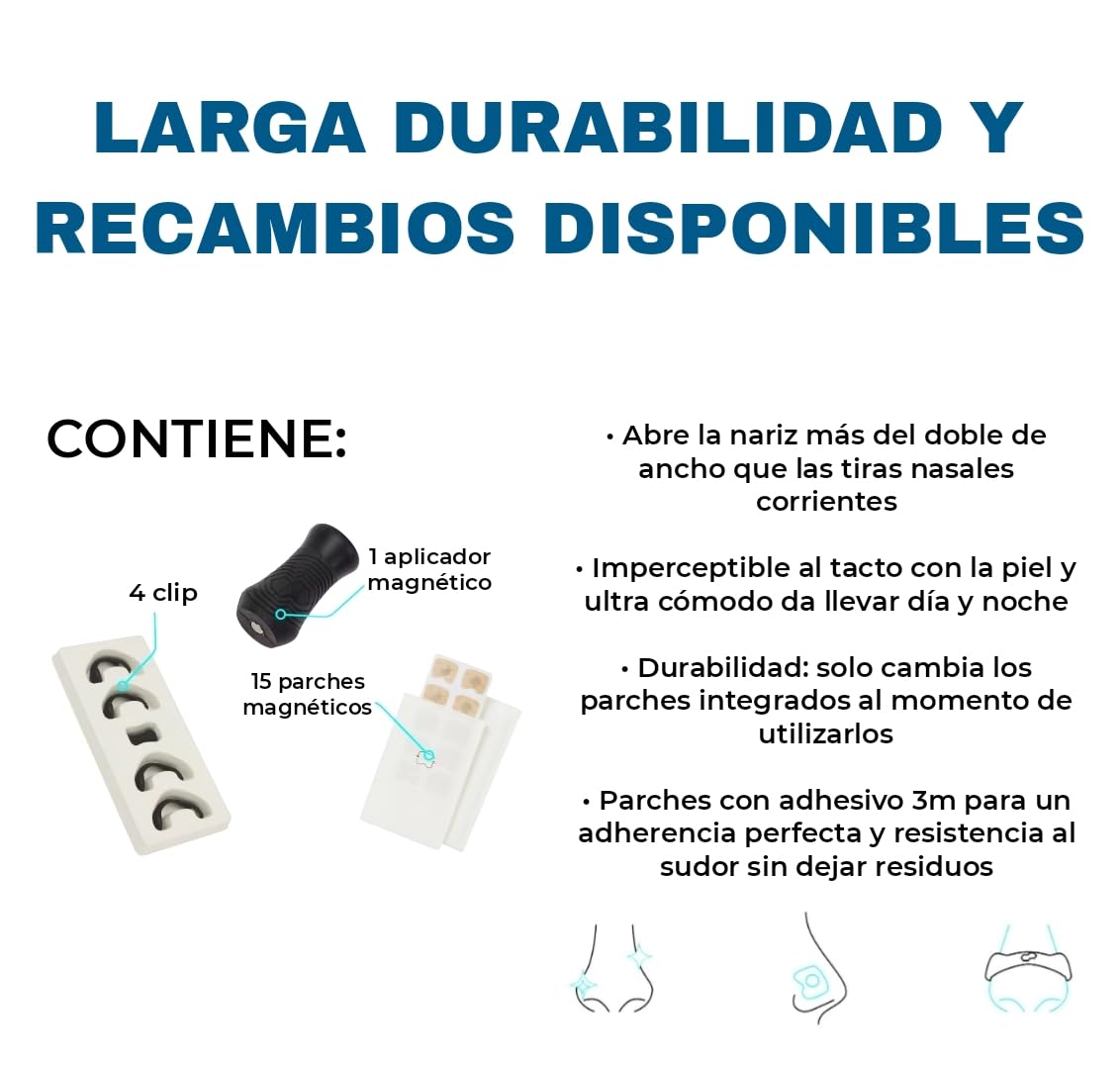 Tiras Nasales Magnética, Ayuda a respirar mejor e incrementa la oxiganacion, Anti ronquidos, mejora el sueño + Guía paso a paso (IMPORTANTE LEER ANTES DE APLICAR) (Negro, Kit + 30 Parches)