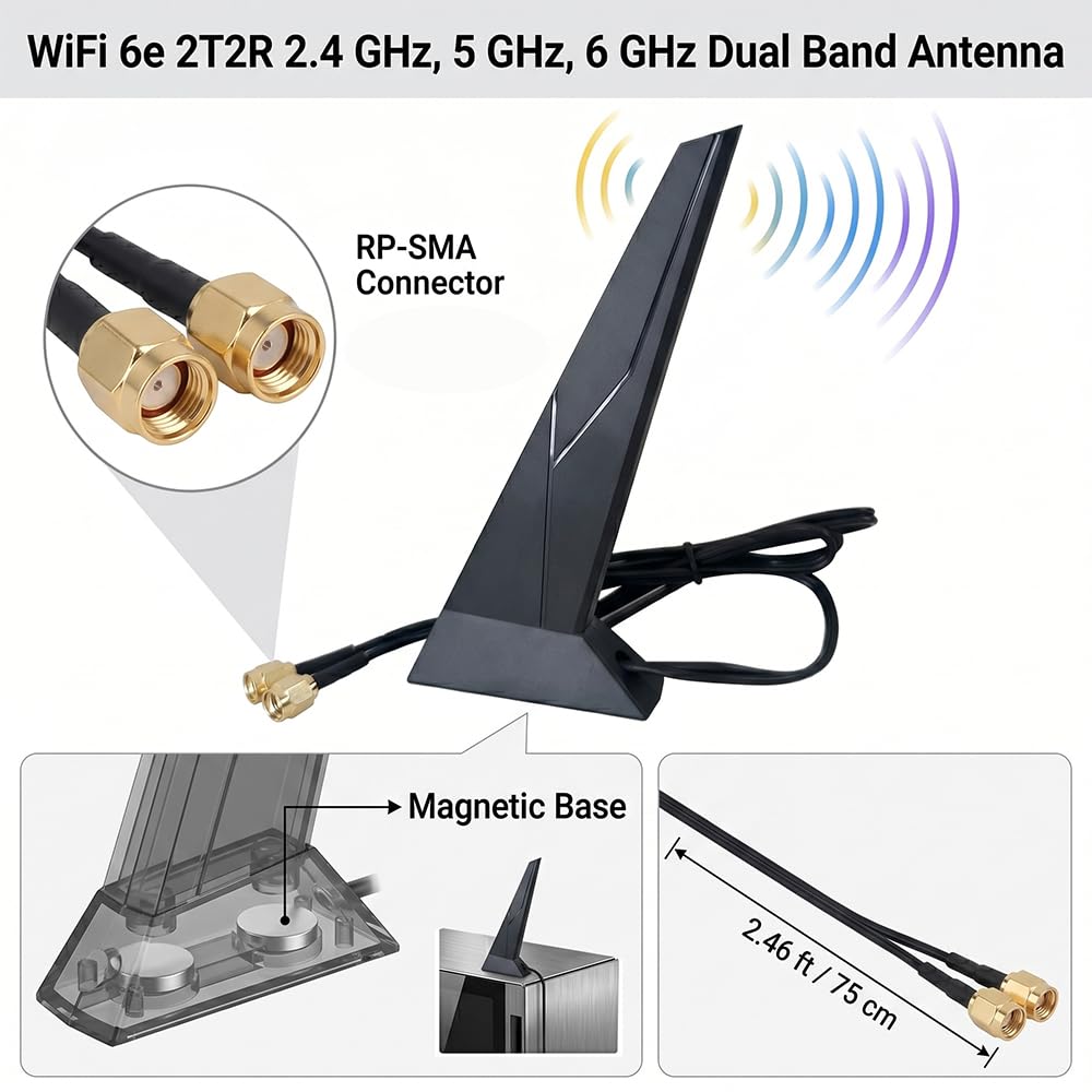 Antenas WiFi 6 para placa base MSI RP-SMA 2T2R Antena WiFi 6E de doble banda 2.4GHz 5GHz adaptador de base magnética PC computadora de escritorio