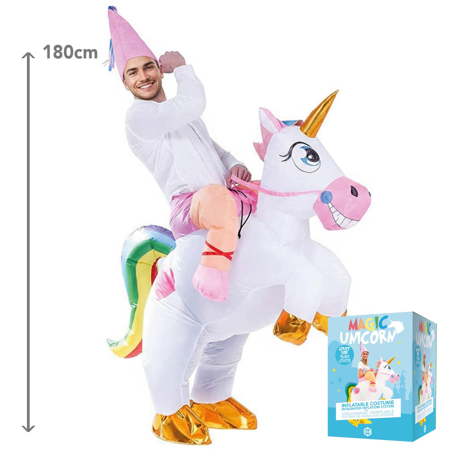 AirSuit® Costume Gonfiabile di Unicorno Magico | Costume da Umorismo Gonfiabile | Dimensione Adulta 160 a 190cm | Piacevole da Indossare Resistente | Sistema di gonfiaggio Incluso | OriginalCup®