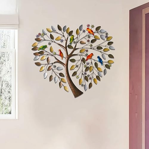 Miniatura 3 de Xnchhou Escultura de pared hecha a mano, ramas de pájaros, flores en forma de corazón, árbol genealógico, pared, arte de metal, árbol de la vida,