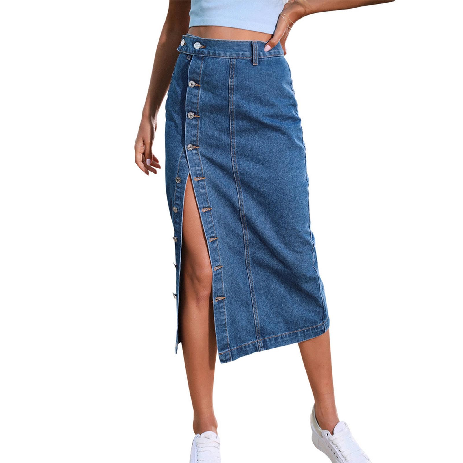 Falda Vaquera Femenina Informal con Botones, Pantalones para niñas, Ropa de Calle para Mujer, Faldas Midi de Jean para mujer-4-S