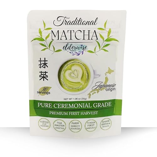 Elderwise Matcha - Té verde en polvo, grado ceremonial, primera cosecha de primera calidad, auténticamente japonés, 30 porciones