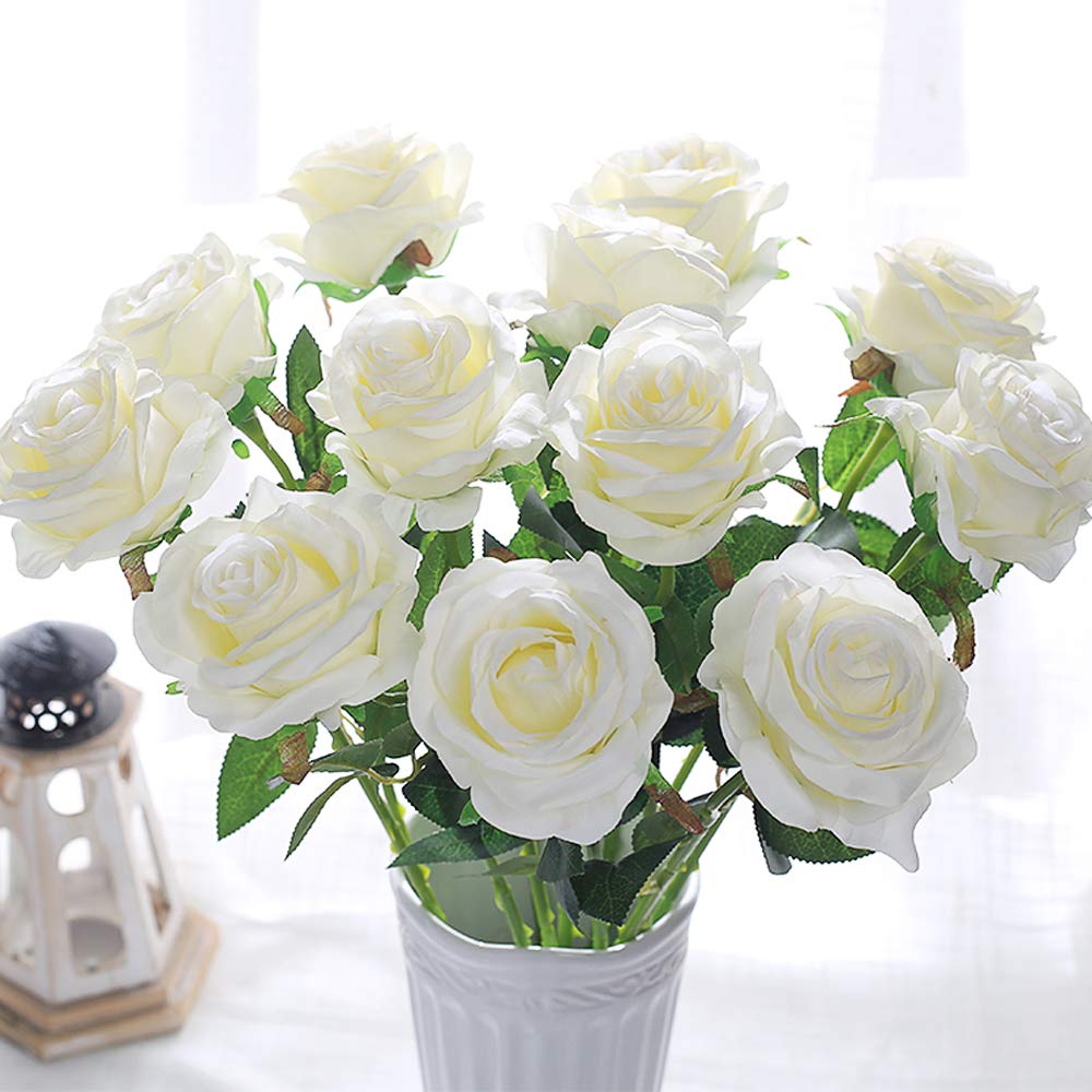 Veryhome 10 Pezzi Fiori Artificiali Rose di Seta Falso Bouquet da Sposa da Sposa per la casa Giardino Partito Decorazioni Floreali (Bianco, Rose in Fiore)