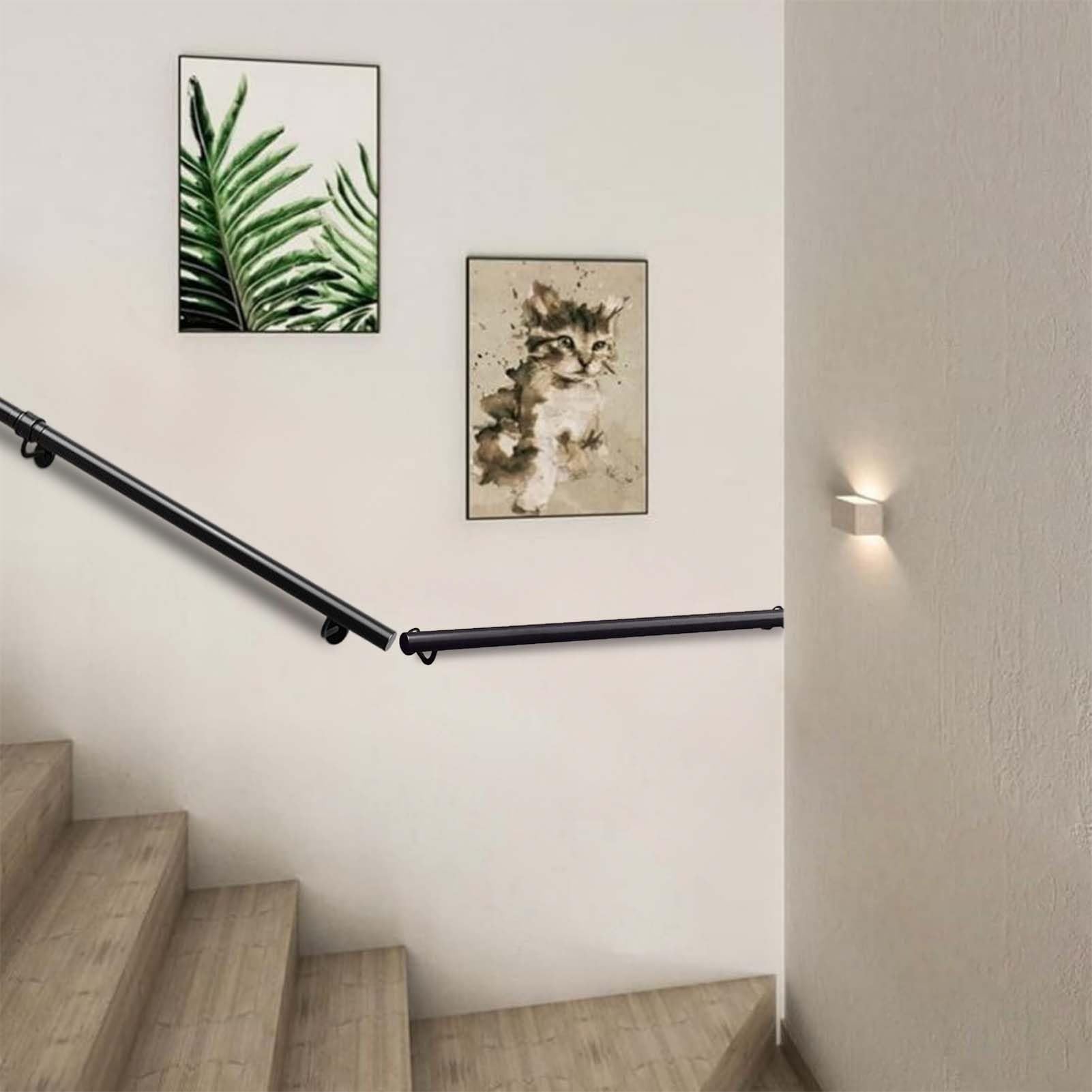 FKXSXAZ Wall Mounted Staircase Railing with Brackets, Black Metal Wrought Iron Support Handrails for Stairs, Non-Slip Grab Bar Hand Rails Home Indoor Lofts Steps(8ft/240cm)