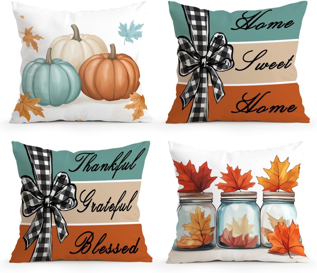 Fall Pumpkin Maple Home Sweet Throw Pillow Covers, 18x18 Set of 4 Autumn Thankful Grateful Blessed Harvest Couch Cushion Cases for Sofa Bed Living Room Outdoor Thanksgiving Decor