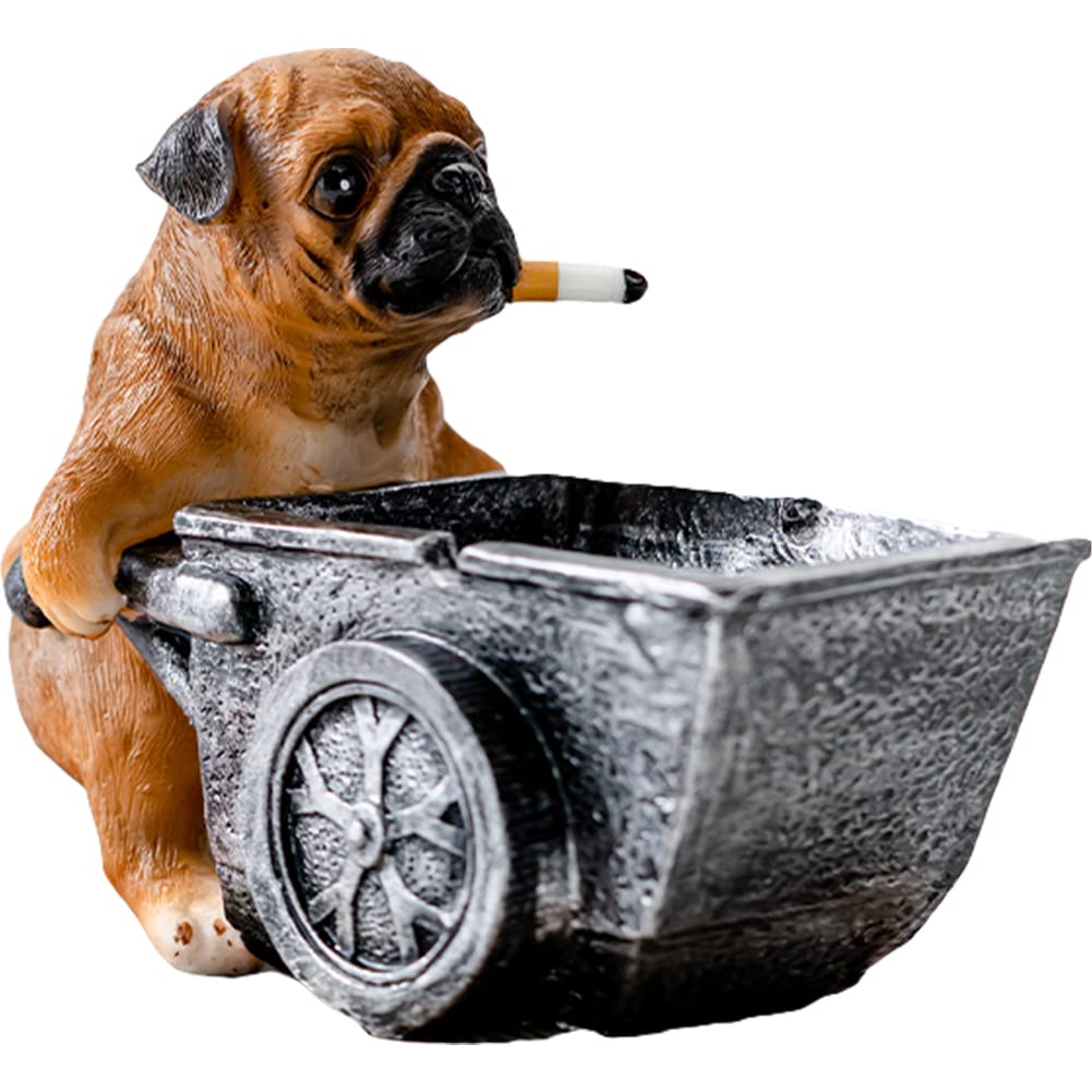 WAYUTO Smoking Bulldog Cigar Ashtray Resin Trolley Dog Cigarette Ashtray 2 Grooves Ash Holder Bully Dog Ash Tray Animal Statue Cool Dog Ashtray for Fathers Day Desk Patio Desktop Brown