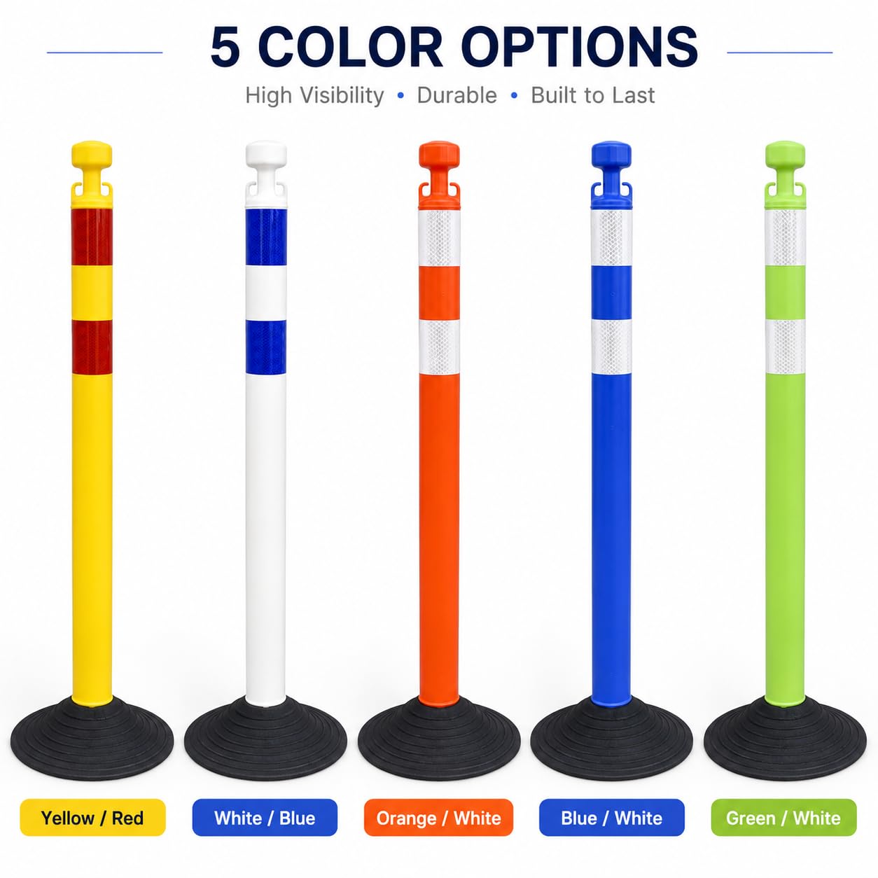 Set de 6 postes de seguridad de 99,6 cm con cadenas de plástico de 2 m, portátiles, para delimitación de áreas, obras, parkings y eventos (Azul y blanco)