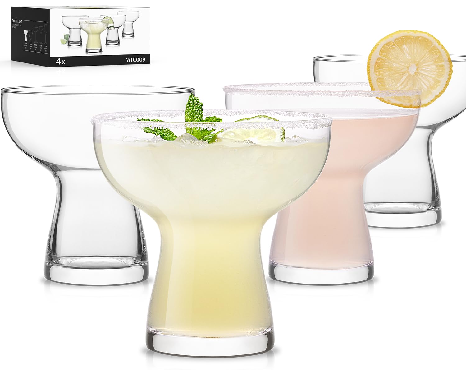 Martini Glasses Set of 4, 10oz Stemless Margarita Glasses, Modern Hand-blown Margarita Glass for Daiquiri, Frozen Cocktails, Dessert, Daily Use, Home Bar, Birthdays Gift, Crystal Clear