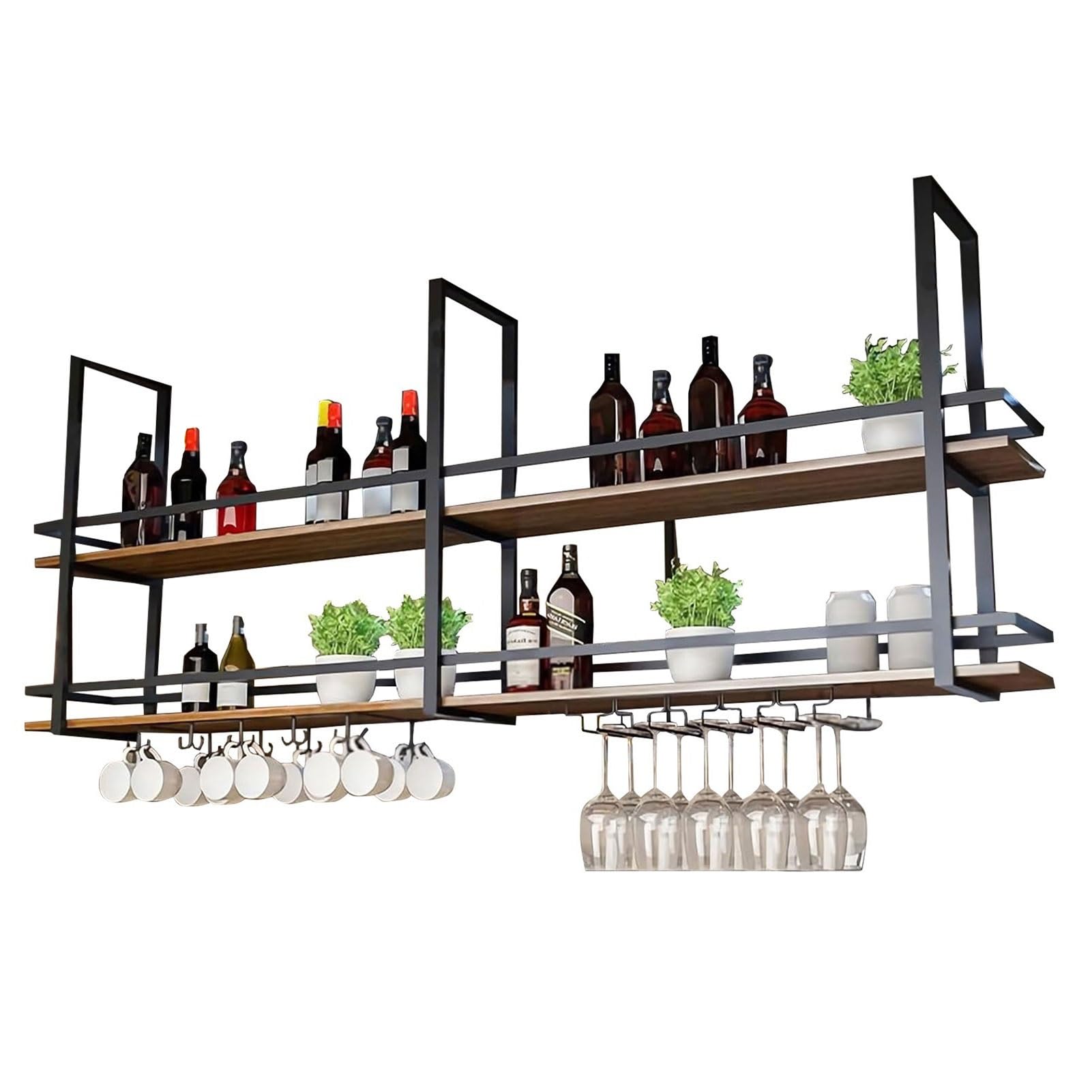 POLGDW Vintage Hanging Wine Glass and Bottle Holder Shelf 2 Tier Black Ceiling Rack for Goblet Stemware Home Decor Storage Shelve (100x30x80cm)