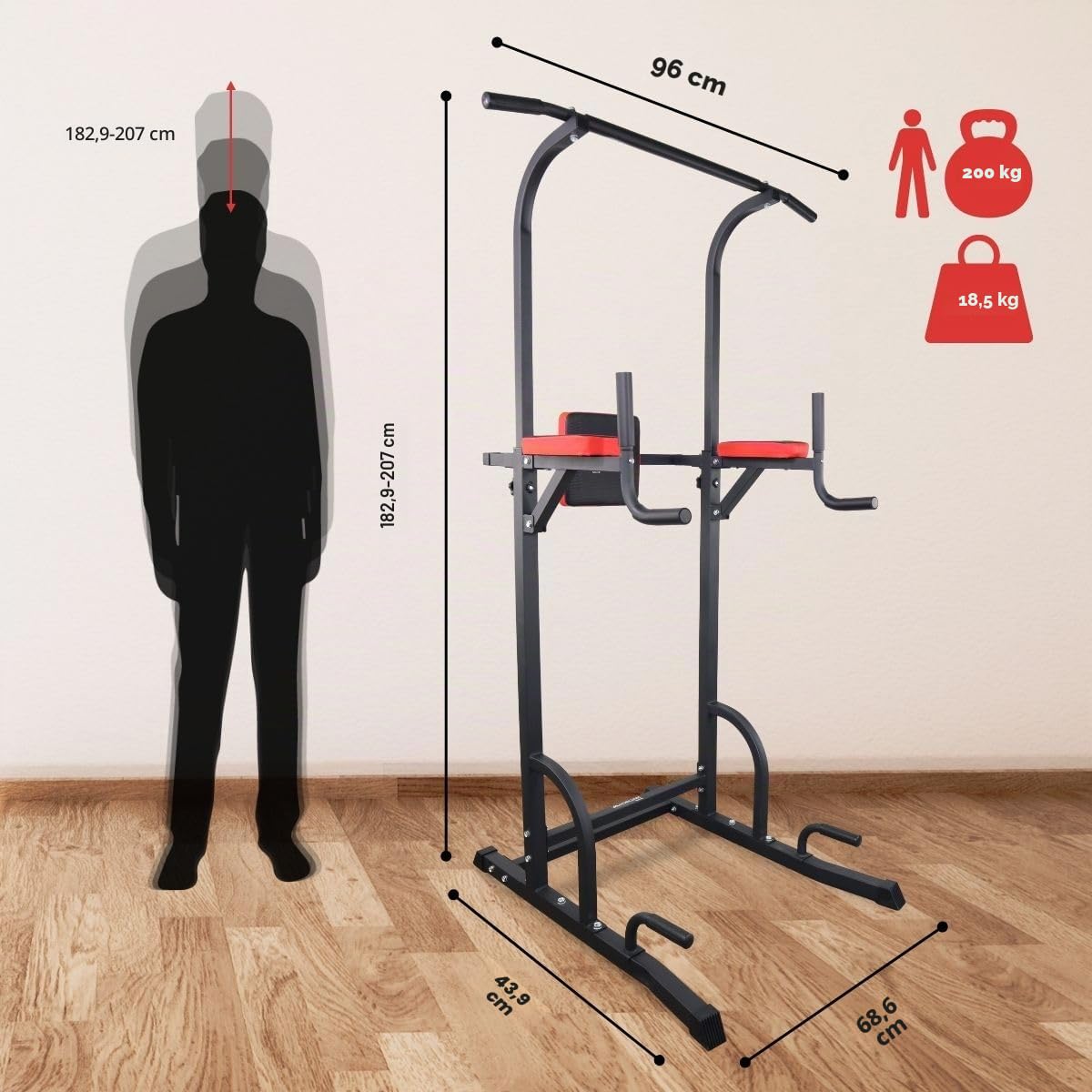 Mobiclinic®, Power Tower Dip Station, In 8 Stufen Höhenverstellbar, Klimmzugstange Freistehend, Rückenverstellbar, Multifunktionsturm, Stabil, Fitnessstudio zu Hause, Multifit