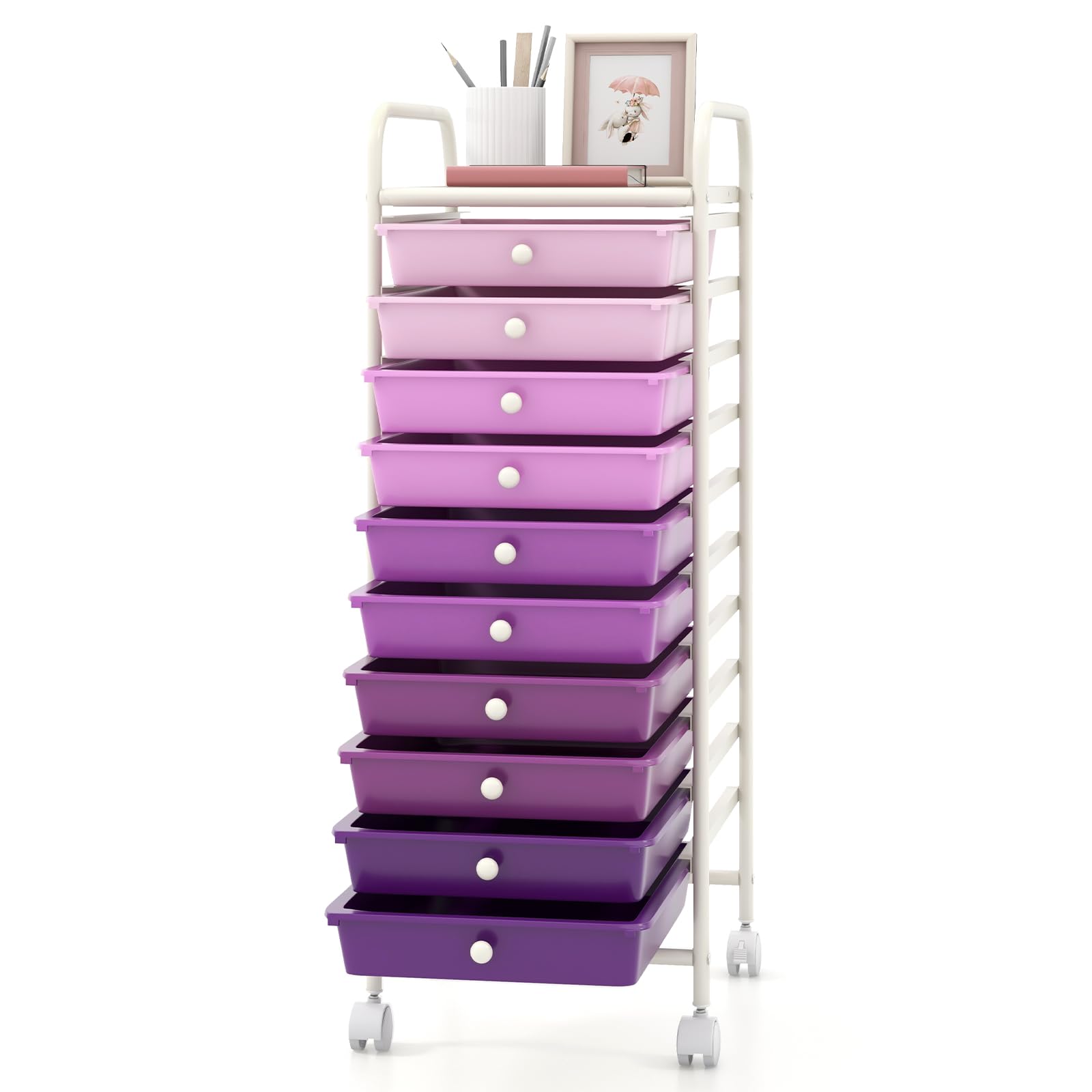 GIANTEX Chariot à roulettes avec 10 tiroirs empilables - Chariot de salle de bain avec roulettes verrouillables - Chariot de rangement - Chariot de rangement - Chariot de ménage - Structure en métal