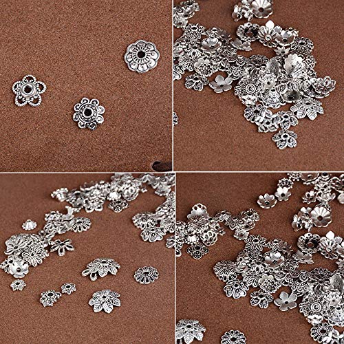 JNCH 100g 6-10mm Coupelle Perle Argent Antique Tibétain Métal Calottes Fleur Caps Chapeaux de Perles Intercalaires Cônes Mixte pour Breloque Création Bijoux DIY Collier Bracelet