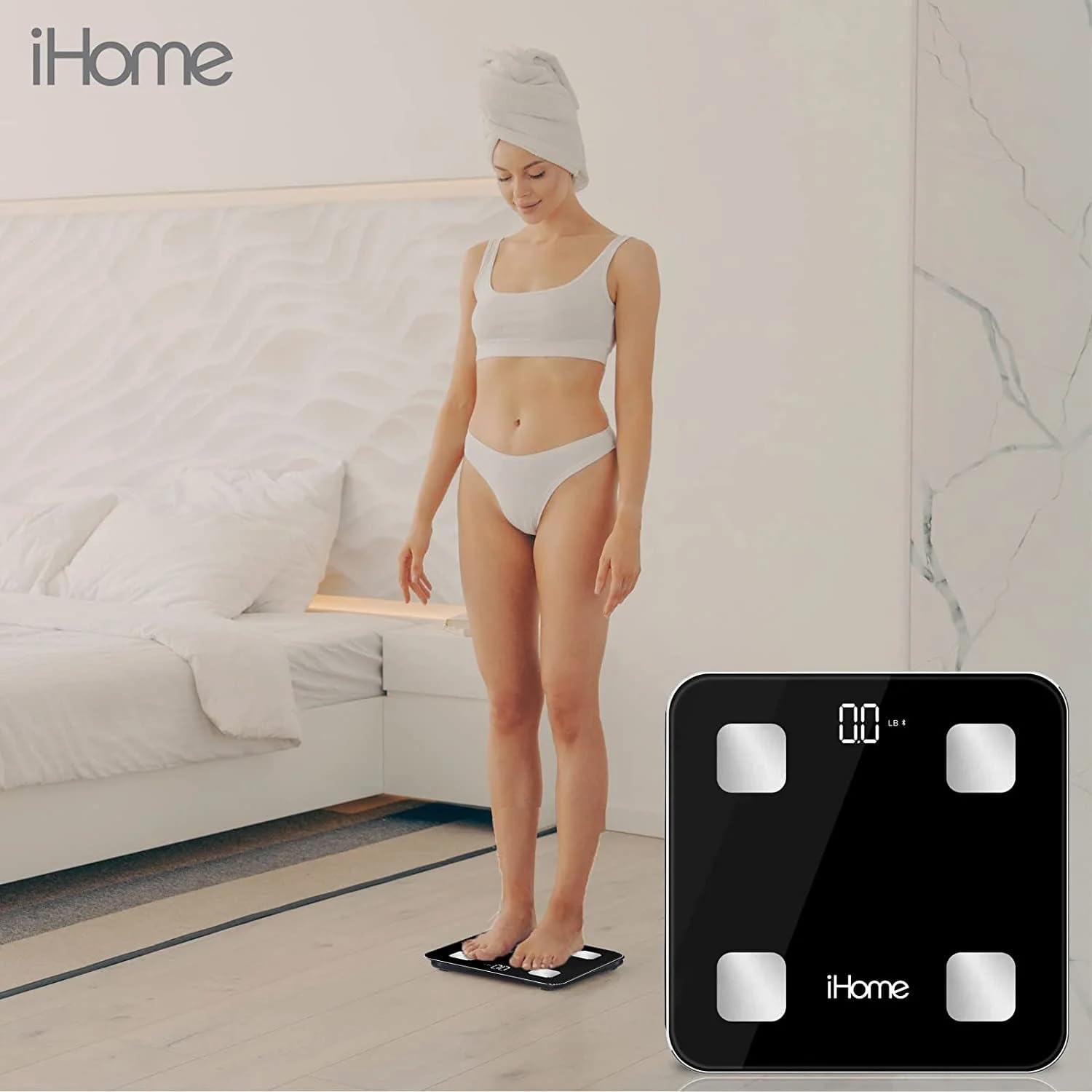 iHome Báscula digital inteligente Bluetooth para peso corporal, báscula de peso con 14 indicadores, incluyendo IMC, grasa corporal, masa muscular, baterías incluidas (Bluetooth inteligente negro)