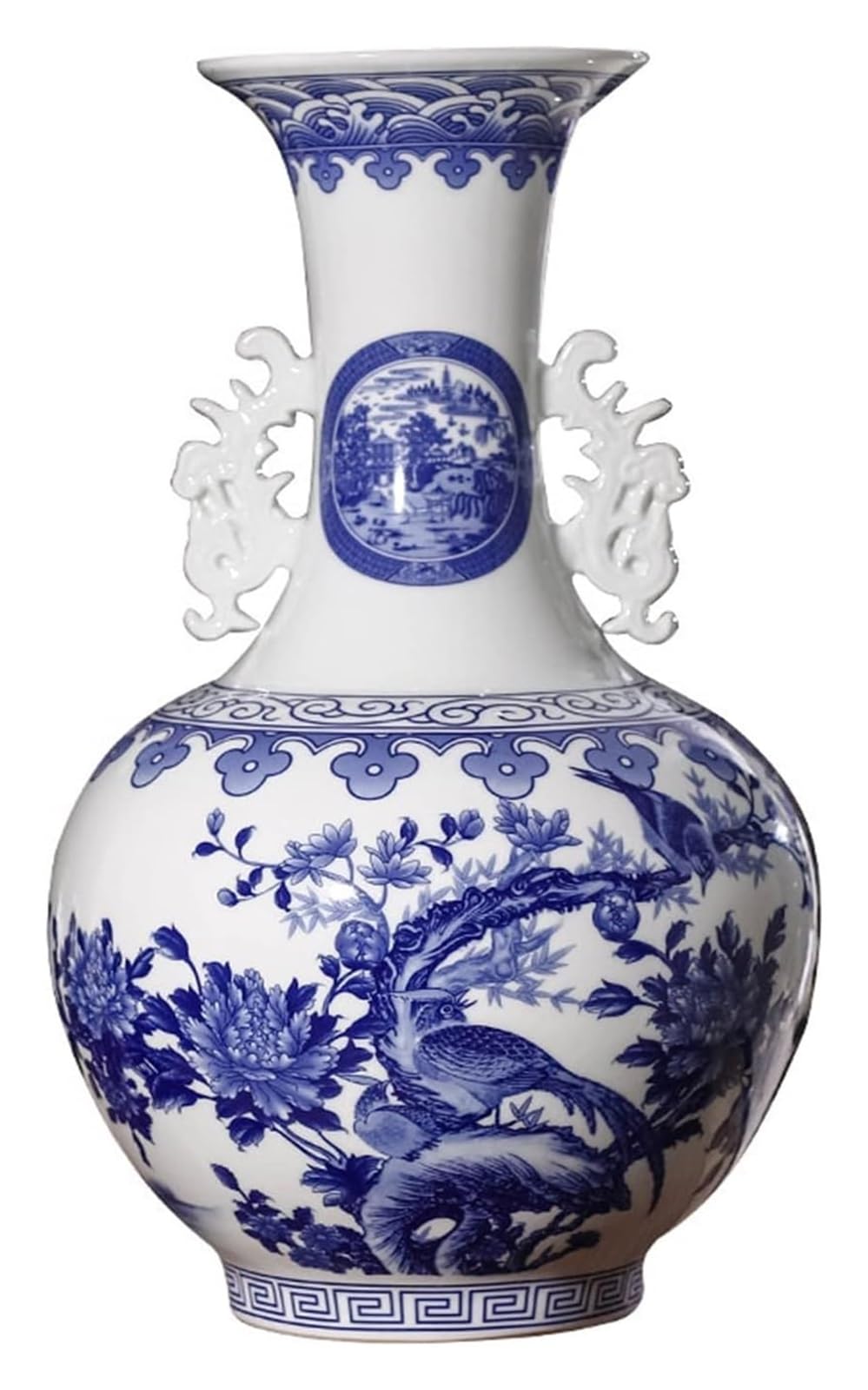 asdchZen Vase Floral Ceramic New Chinese-Style Binaural Hand-Painted Porcelain Vases 19.6 Inch Large Desktop Stoneware Flower Vase