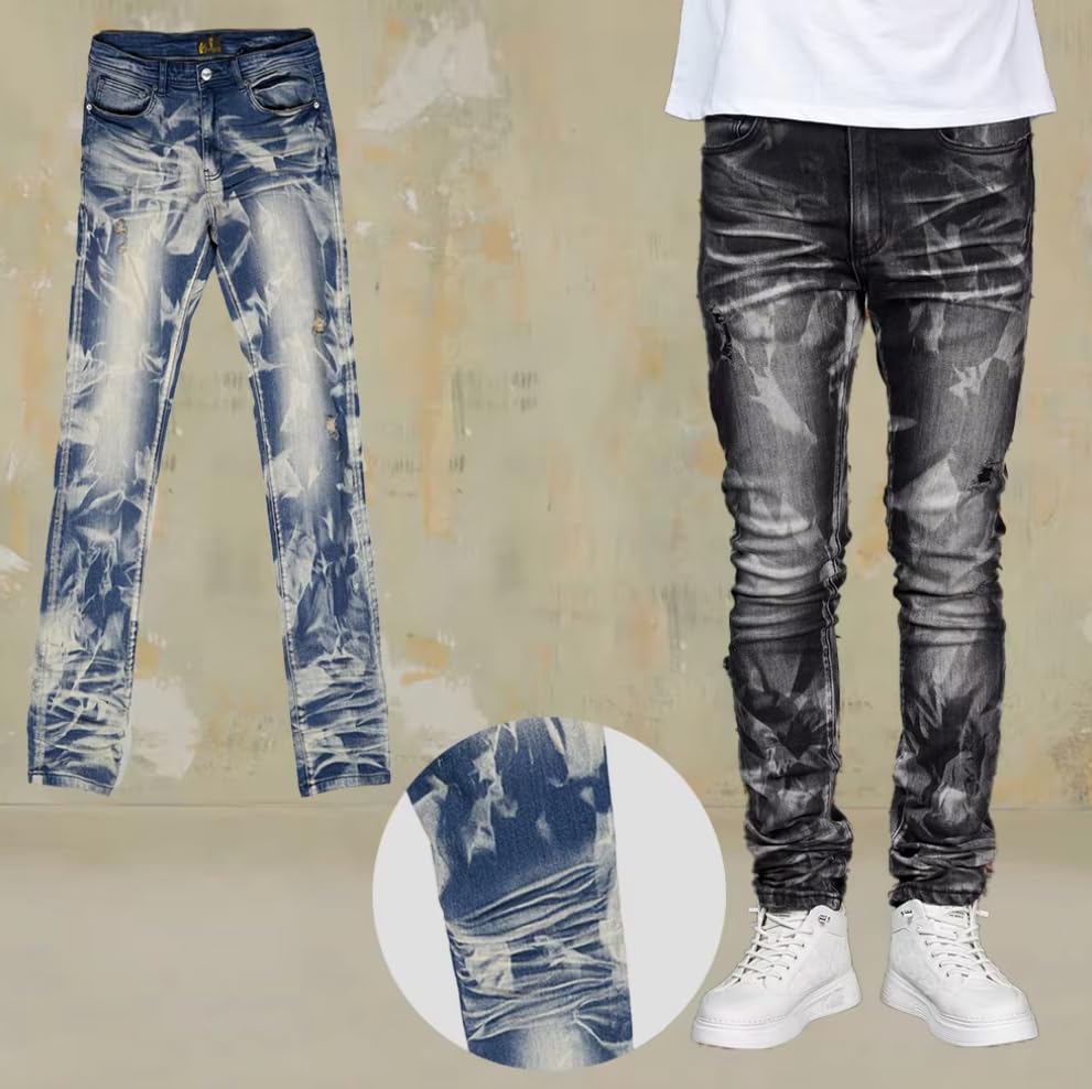 Men's Slim-fit Mid-Rise Denim Straight-Leg Tie-dye Stacked Pants Casual Streetwear Men's Jeans2
