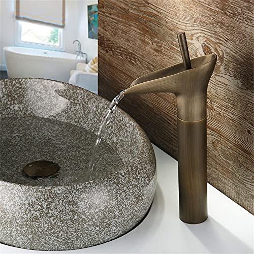 Buluxe Classic 1-Hole Single Lever Vessel Sink Waterfall Faucet Solid Brass In Antique Brass (Antique Brass) #TOP1