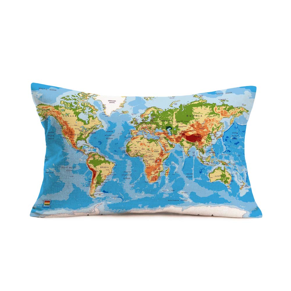 Original World Map Throw Pillow Covers Cotton Linen Home Decorative Home Sofa Couch Car Office Pillowcase 12 x 20 Inches