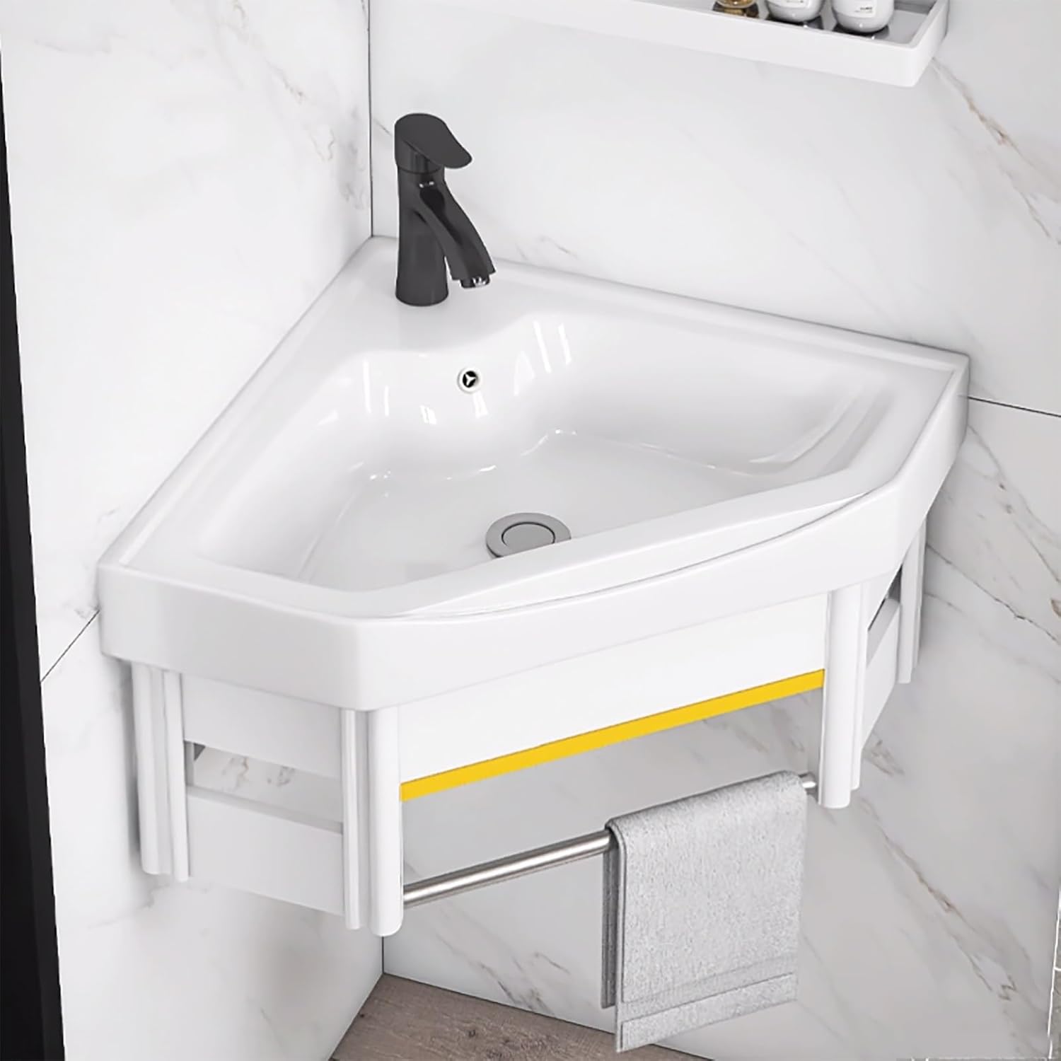 Small Corner Wall Mount Bathroom Sink with Tower Hanger White Ceramic Mini Vessel Sink with Overflow Bathroom Corner Hand Basin Sink Wall Mount Utility Sink Vanity Cabinet Sin，One Color 18.9in/47cm