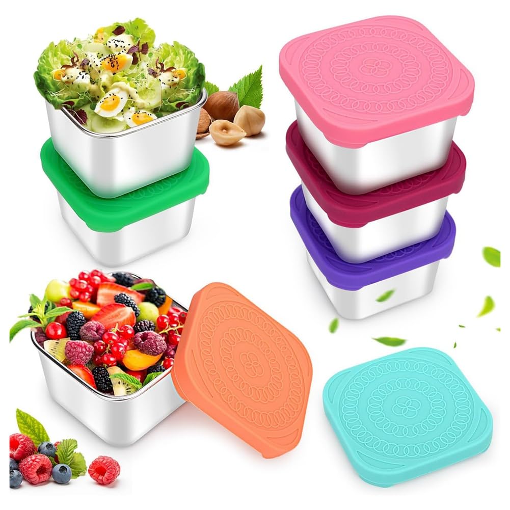 CTRLZS 6 Piece Snack Containers, 6Oz Metal Sauce Food Storage Box Containers Multicolor with Silicone Lids