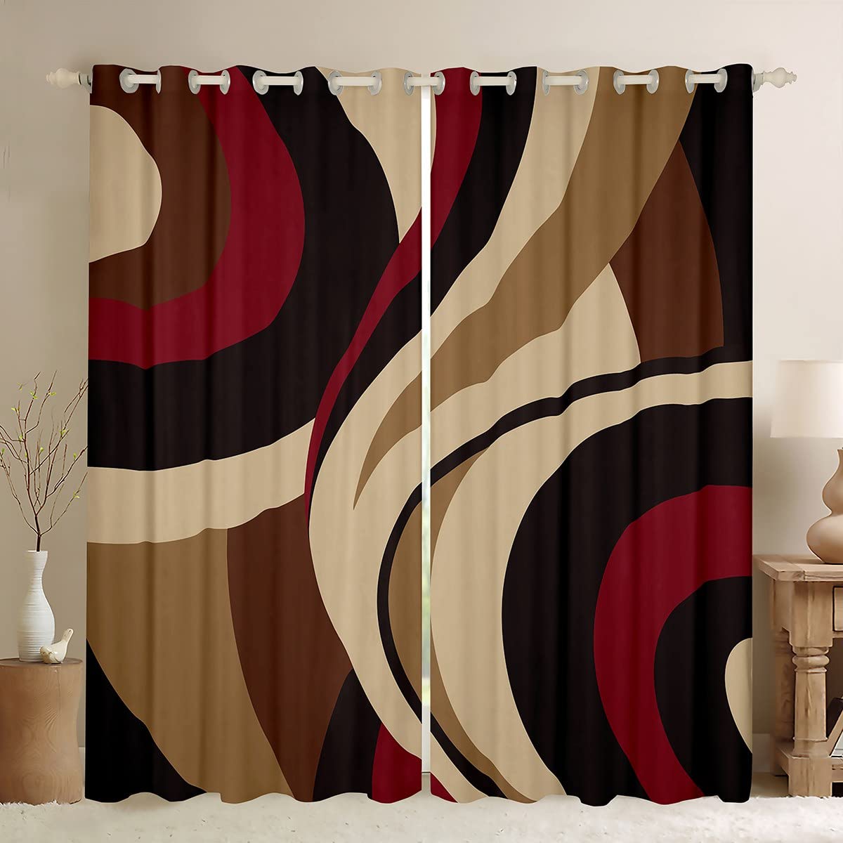 Black Red Brown Window Curtain Vintage Abstract Stripes Curtains for Kids Girls Women Adult Bedroom Decor Geometric Circle Waves Window Treatment Curtain Soft Polyester Window Drapes,42Wx63L