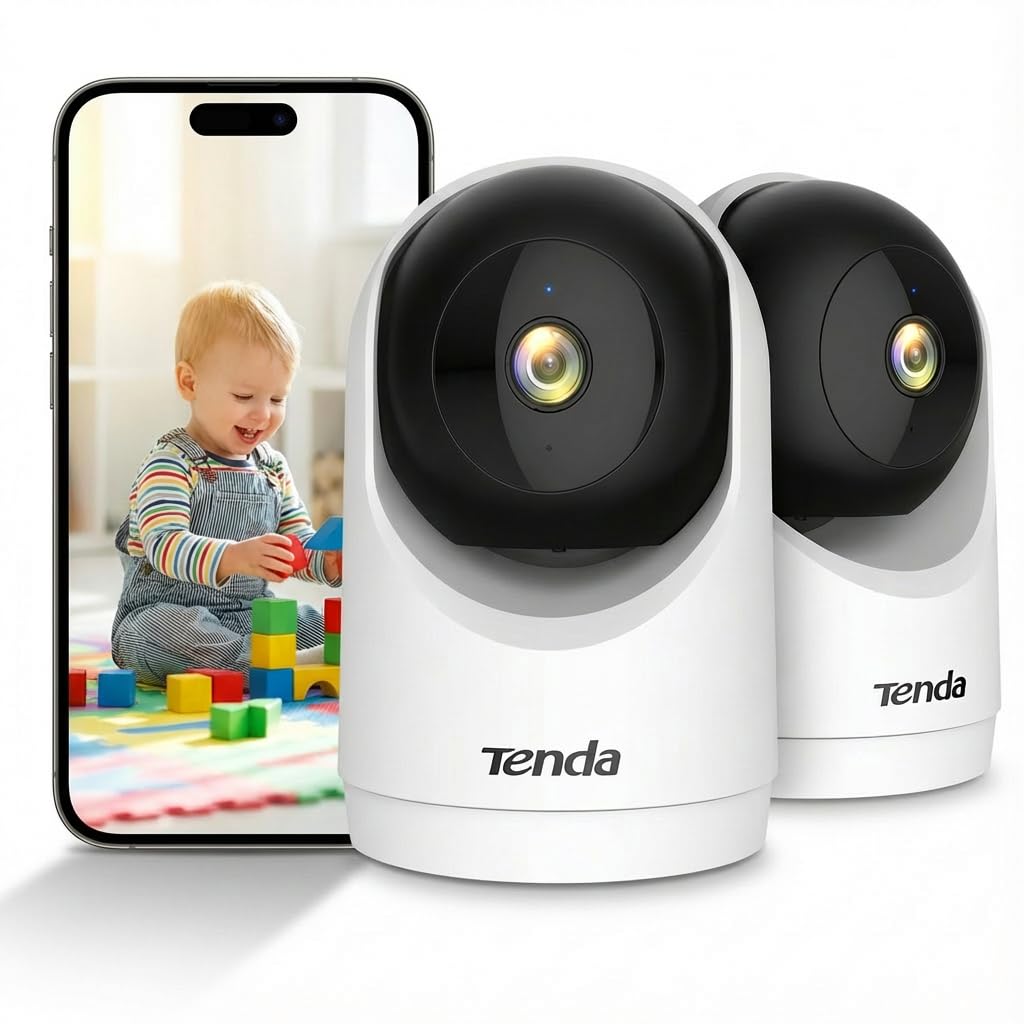 Tenda 3MP WLAN Innenkamera Überwachung, Haustierkamera mit 2-Wege-Audio, Nachtsicht 12M, Bewegungs-Personenerkennung, 360° IP Kamera Indoor für Baby & Hund, SD-Speicher Bis zu 256GB, 2 stück CP3V3.0