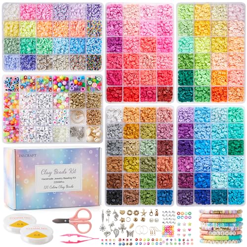 INSCRAFT 22000 Pcs Clay Beads for Bracelet Making Kit, 120 Colors Flat Round Polymer Clay Beads, Friendship Bracelet Kit Heishi Beads for DIY Jewelry Making, Crafts Gift for Girls Teen Ages 6-12