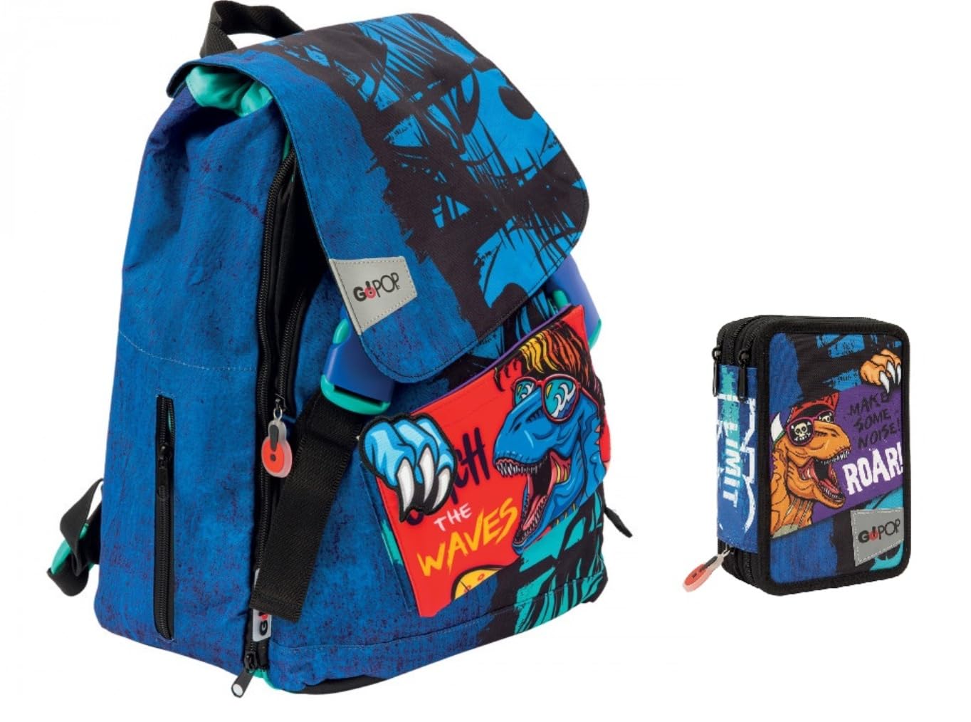 PRESTIGE & DELUXE Zaino Scuola GOPOP T-rex Dinosauro GIOCHI PREZIOSI 5 pop-up chiusura scatto + astuccio 3 piani + Set per la scuola