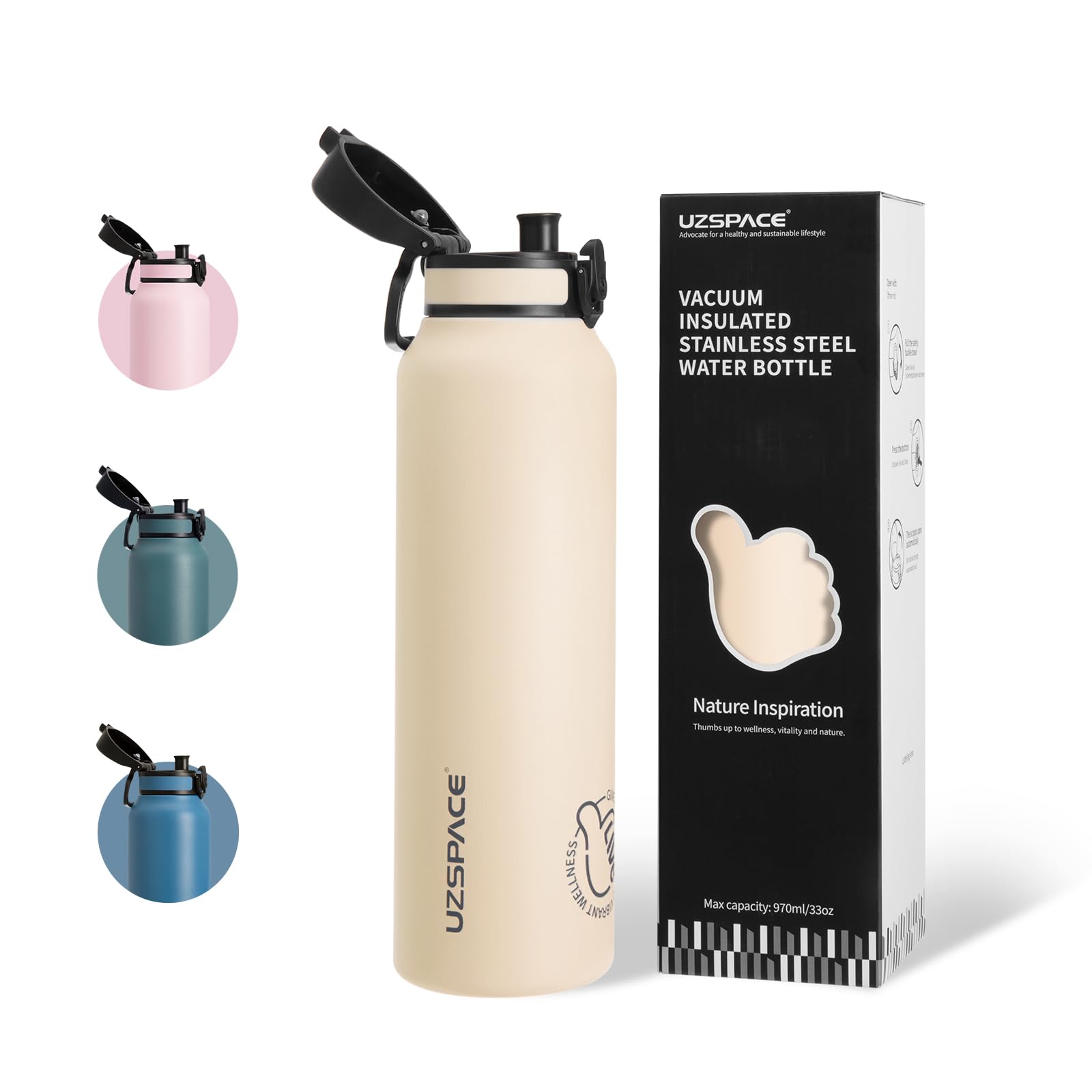 UZSPACE Stainless Steel Water Bottle 1l (970ml) - Double-Walled Insulated Water Bottles That Keep Drinks Cold & Hot - Leakproof Drinking Bottles for Adults - Ideal for Outdoors & Sports Cream White