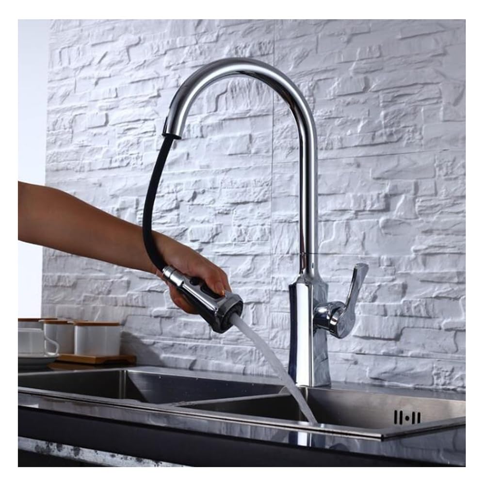 Blyqxs Chrome Wall-Mounted Kitchen Faucet – Hot And Cold Mixer With 360° Swivel Spout And Pull-Out Sprayer (Xt-175)(Chrome)