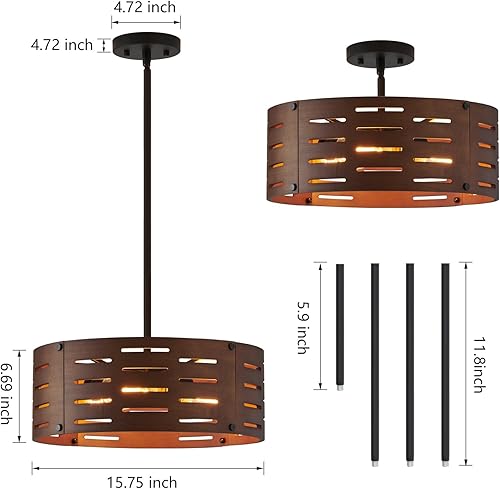 Miniatura 6 de Lámpara de araña de granja de 3 luces para isla de cocina, lámpara colgante de madera, lámpara de techo de tambor rústico vintage para comedor,