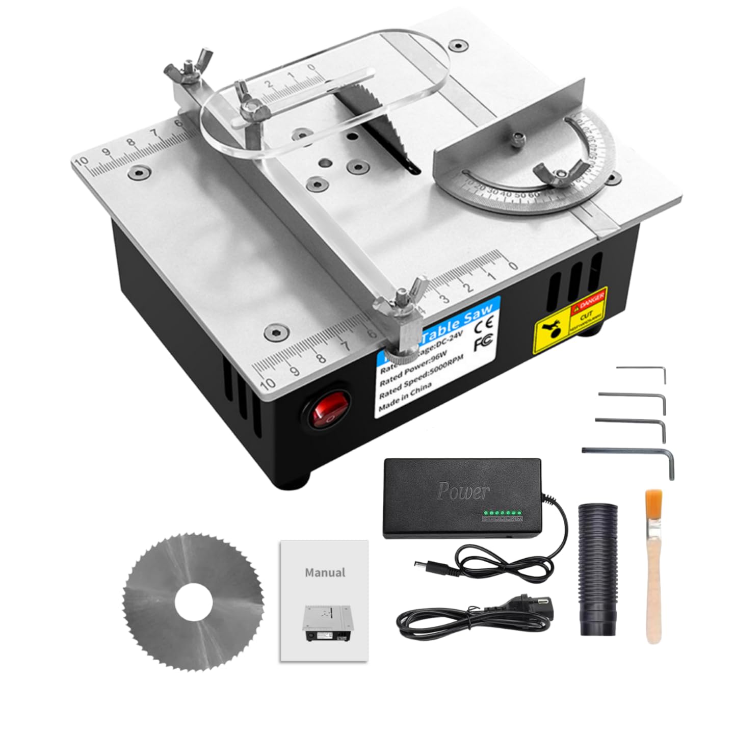 Mini Circular Table Saw with 1 Blade, 96W Portable Mini Table Saw, 7 Speed Power Supply, 0.1-15mm Adjustable Saw Blade for DIY Wood Projects
