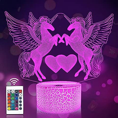 CooPark Unicorn Bedside Lamp, 3D Illusion Double Unicorn Night Light,16 Colors Changing Remote Control Optical LED Light, Room Decor Romantic Personalized Gift for Girl Kid Baby Cover