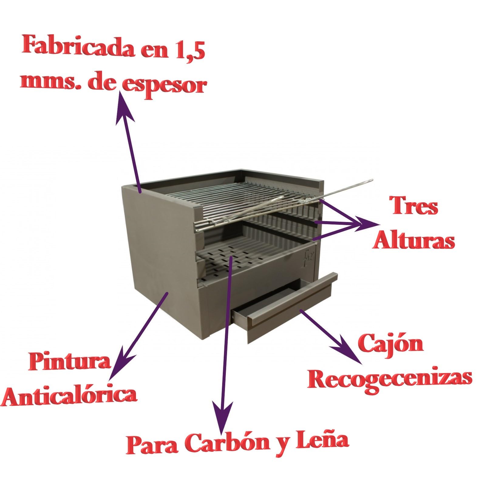 Barbacoa, Cajón Barbacoa Rectangular con parilla a 3 alturas, barbacoa de leña y carbón (80x41x36CM)