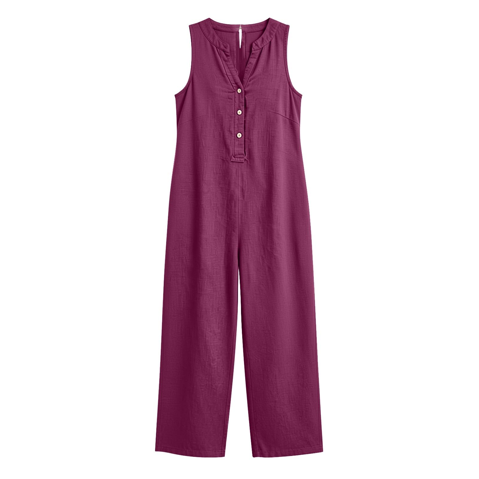 Tuta estiva da donna, in lino, senza maniche, con tasche | Tuta con pantaloni a gamba larga, elegante scollo a V, tuta intera in mussola, casual, per le vacanze