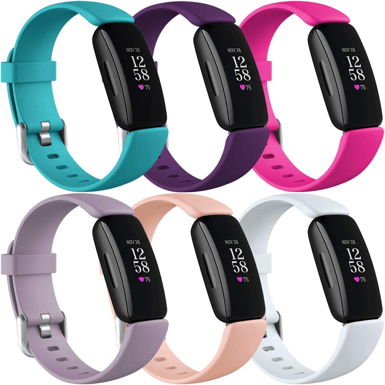 Nofeda 6 Pack Bands Compatible with Fitbit Inspire 2 for Women Men, Adjustable Sport Replacement Wristbands Accessory, Small, Rose Pink, White, Plum