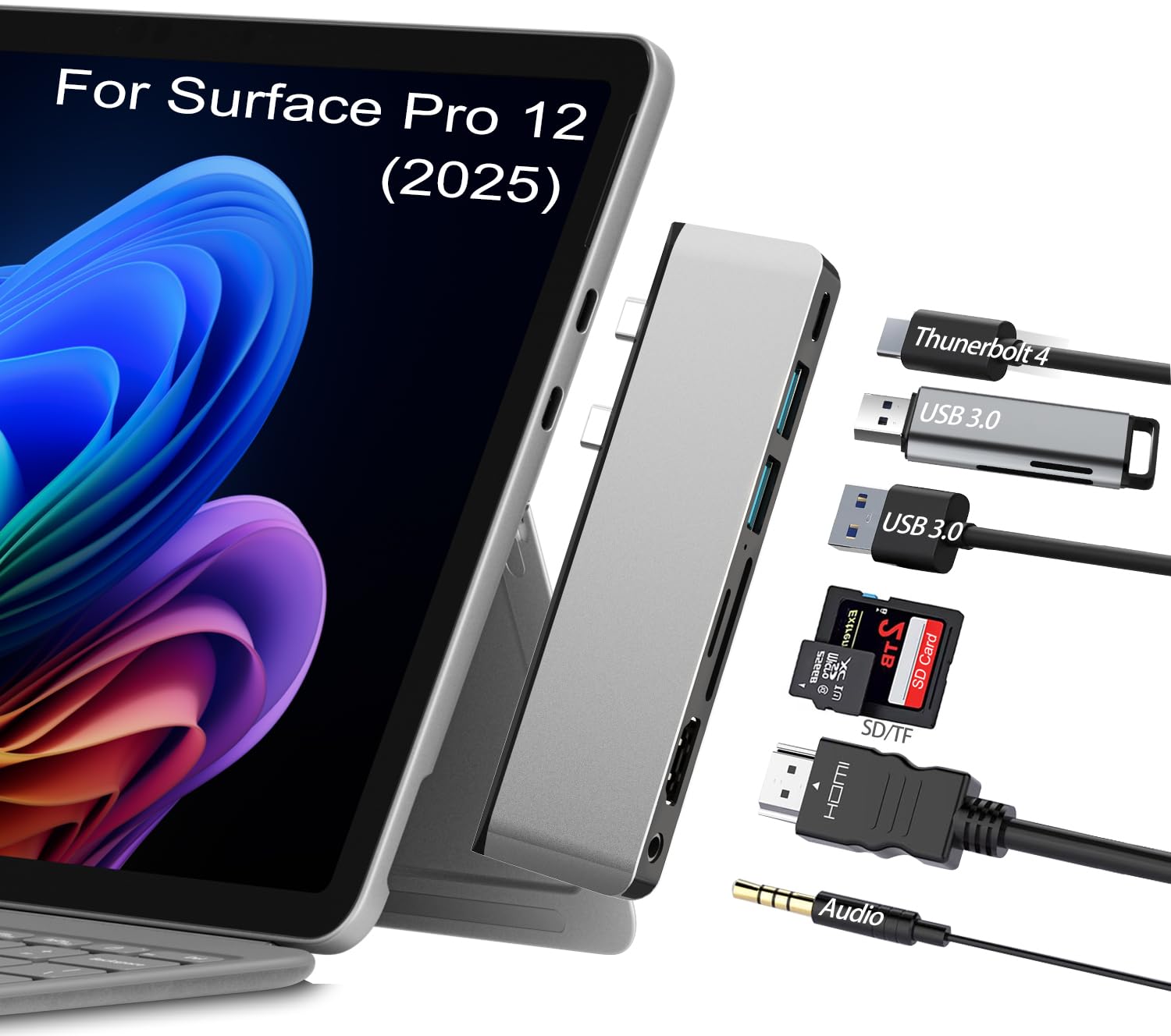 Station d'accueil pour Surface Pro 12 accessoires, concentrateur USB et adaptateur avec HDMI 4K, USB-C Thunderbolt 4 (affichage+données + PD 100 W), 2 USB 3.0, audio 3,5 mm, fente pour carte SD/TF