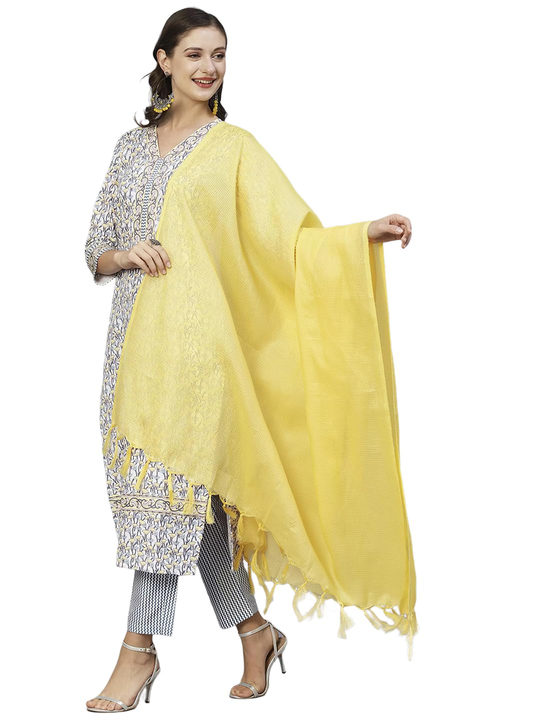 Tee Projekt Women's Cotton Blend V Neck Straight Kurta Pant With Dupatta Set Ll Floral Printed Kurta Set Ll Regular Kurta Set Lime